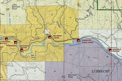 Close up map showing the Blackfoot River Recreation Corridor