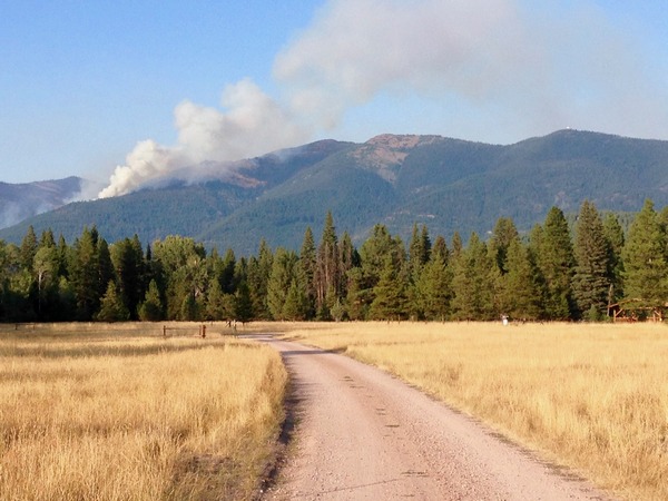 Southeast leading edge of Rice Ridge fire in Seeley Lake, Montana as seen from the Double Arrow Ranch on August 14, 2017.  This is now on the northwest quadrant of Morrell Mountain. The Morrell Lookout can be seen as a dot at the top on the right. The Type II incident management team has stated at the public meeting on 8/14/17 that they intend to let this fire burn until it comes down to their fire lines.  Click to enlarge. 