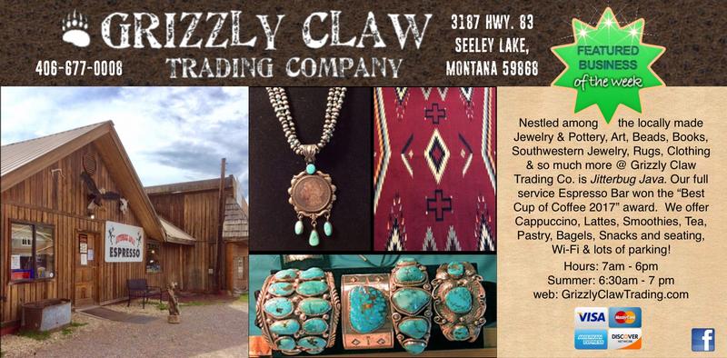 Grizzly Claw Trading Company - Featured Business of the Week (week ending May 19, 2018).  We offer Cappuccino, Lattes, Smoothies, Tea, Pastry, Bagels, Snacks and seating, WiFi & lots of parking!