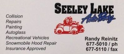 Seeley Lake Auto Body, 146 Larch Lane S. Seeley Lake, MT 59868 Randy Reinitz - owner, Phone: 406-677-5010 Fax: 406-677-5110 Collision, Repairs, Painting, Autoglass, Recreational Vehicles, Snowmobile Hood Repair, Insurance Approved