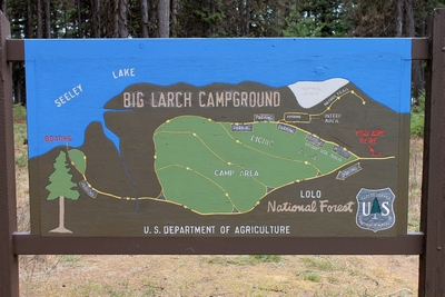 Big Larch Campground Wooden Map Sign, Seeley Lake, Montana