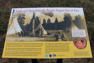 Salish and Pend d'Oreille People: Expert Use of Fire Sign at the trailhead in Girard Grove, Seeley Lake, MT 4/18/17