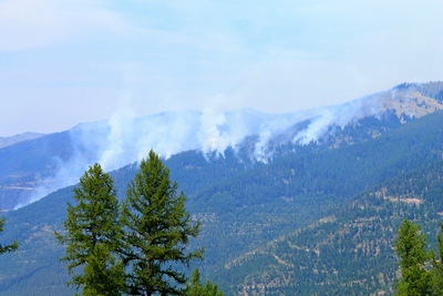Part of the Rice Ridge fire in Seeley Lake, Montana on August 16, 2017 Looking north from the top of Elkhorn Drive.  This is now on the northwest quadrant of Morrell Mountain. Click to enlarge.